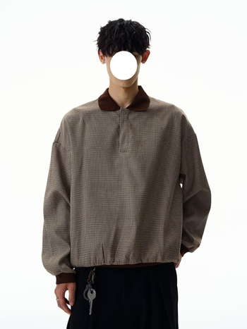Férfi Cleanfit houndstooth polo, hosszú ujjú, kiváló minőség, tavasz-ősz retro gallérral