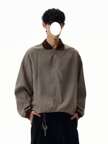 Férfi Cleanfit houndstooth polo, hosszú ujjú, kiváló minőség, tavasz-ősz retro gallérral