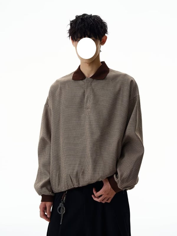 Férfi Cleanfit houndstooth polo, hosszú ujjú, kiváló minőség, tavasz-ősz retro gallérral