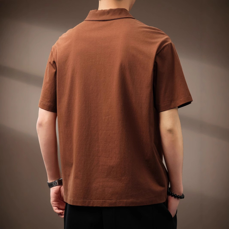 Félzipzáras férfi polo, japán stílusú, nyár, laza szabás