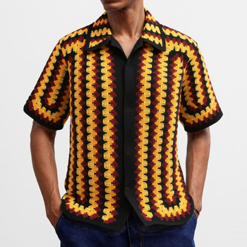 Férfi kroché kötött kardigán nyárra, retro hullám mintázat, áttört részletekkel, polo stílus, SY0191