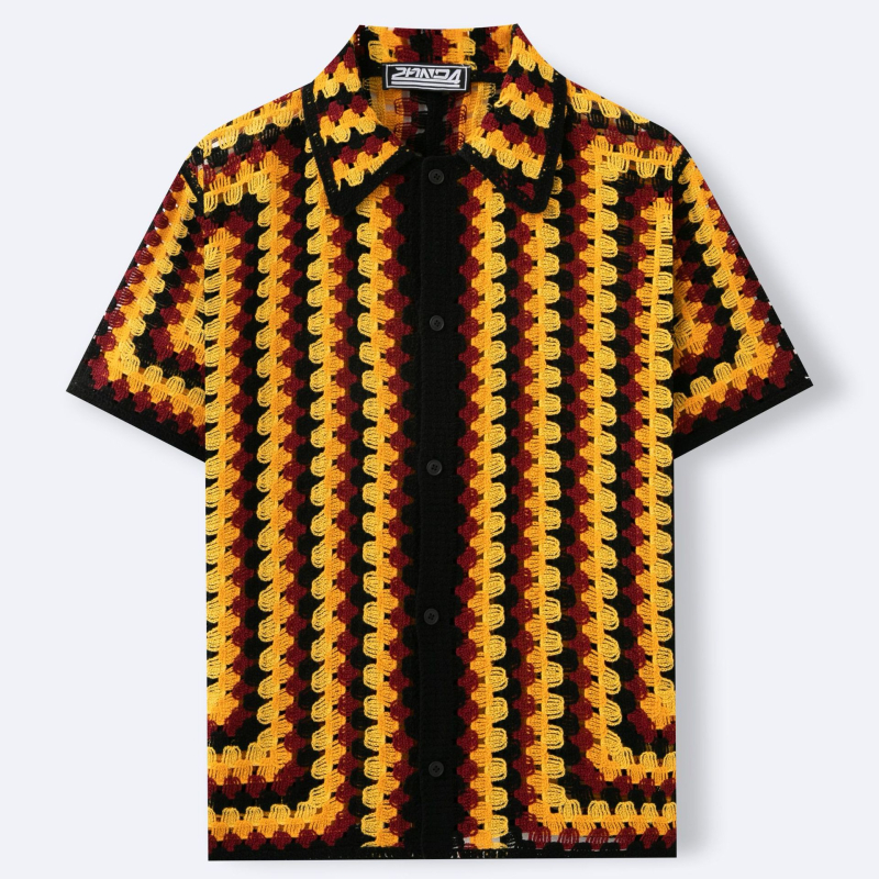 Férfi kroché kötött kardigán nyárra, retro hullám mintázat, áttört részletekkel, polo stílus, SY0191