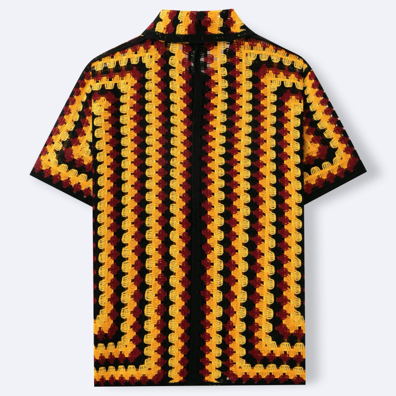 Férfi kroché kötött kardigán nyárra, retro hullám mintázat, áttört részletekkel, polo stílus, SY0191