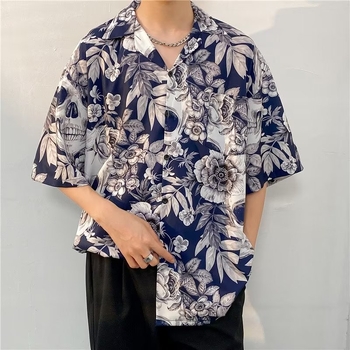 Férfi rövid ujjú virágmintásing Hawaii-stílusban, laza szabás, jégselyem anyag