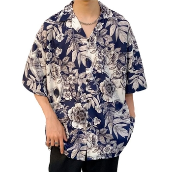 Férfi rövid ujjú virágmintásing Hawaii-stílusban, laza szabás, jégselyem anyag