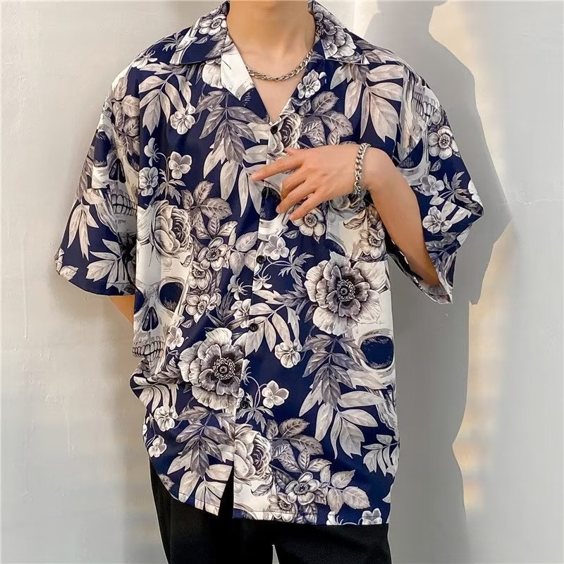 Férfi rövid ujjú virágmintásing Hawaii-stílusban, laza szabás, jégselyem anyag