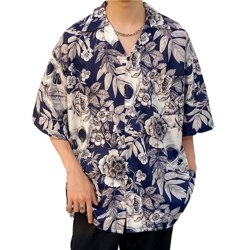 Férfi rövid ujjú virágmintásing Hawaii-stílusban, laza szabás, jégselyem anyag