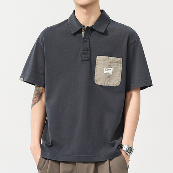 Anyang muška polo majica kratkih rukava, retro stil, isprana, kontrastni džep, ležeran kroj, polo ovratnik