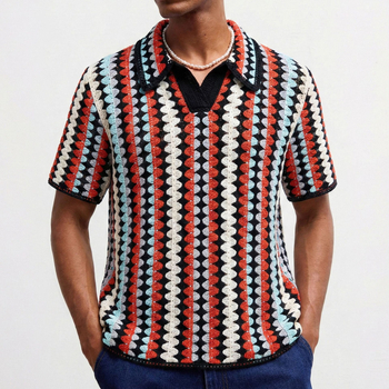 Férfi csíkos kroché kötött polo, V-nyakú, rövid ujjú, SY0093, 2AND4