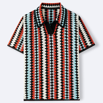 Férfi csíkos kroché kötött polo, V-nyakú, rövid ujjú, SY0093, 2AND4