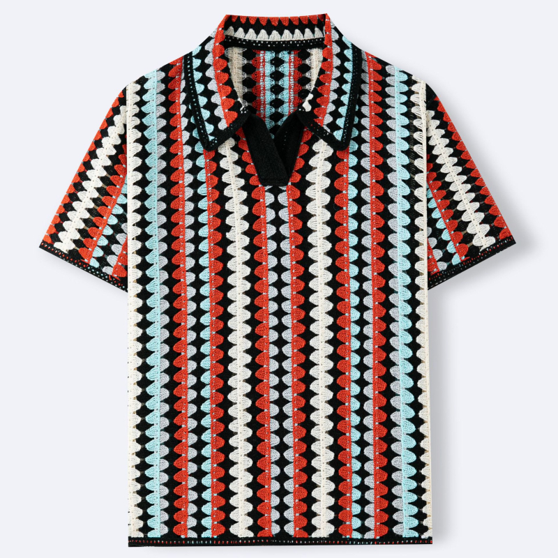 Férfi csíkos kroché kötött polo, V-nyakú, rövid ujjú, SY0093, 2AND4