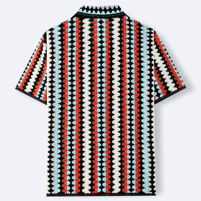 Férfi csíkos kroché kötött polo, V-nyakú, rövid ujjú, SY0093, 2AND4
