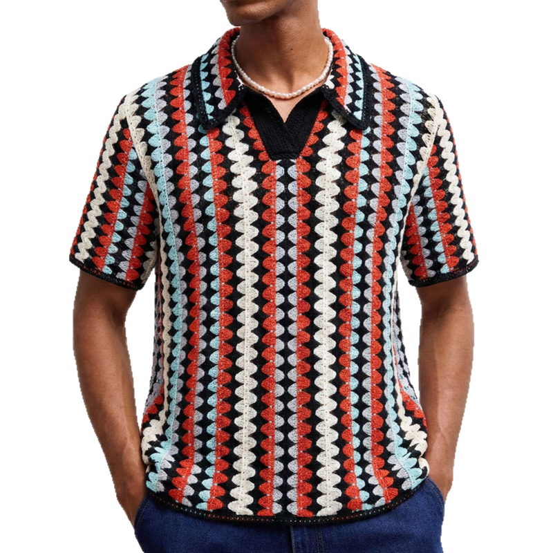 Férfi csíkos kroché kötött polo, V-nyakú, rövid ujjú, SY0093, 2AND4