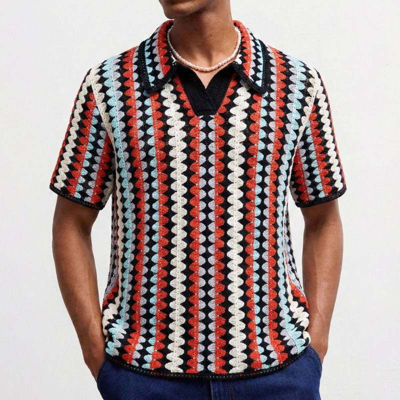 Férfi csíkos kroché kötött polo, V-nyakú, rövid ujjú, SY0093, 2AND4