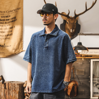 Tricou polo din denim pentru bărbați, croială lejeră, vară, stil retro american