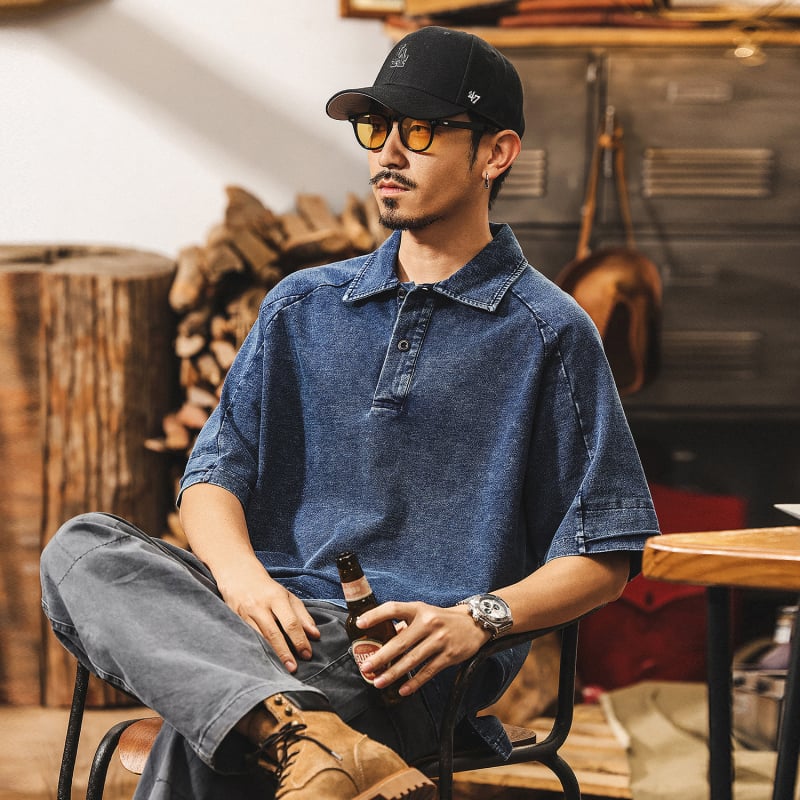 Tricou polo din denim pentru bărbați, croială lejeră, vară, stil retro american
