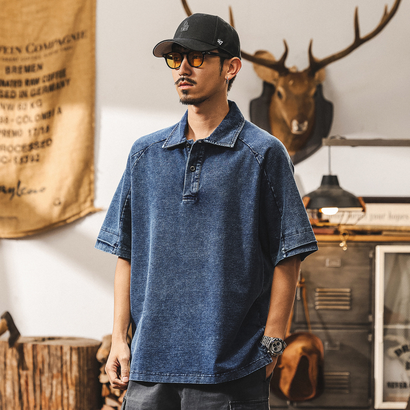 Tricou polo din denim pentru bărbați, croială lejeră, vară, stil retro american