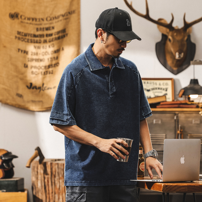 Tricou polo din denim pentru bărbați, croială lejeră, vară, stil retro american