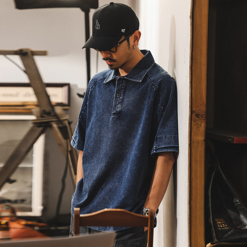 Tricou polo din denim pentru bărbați, croială lejeră, vară, stil retro american