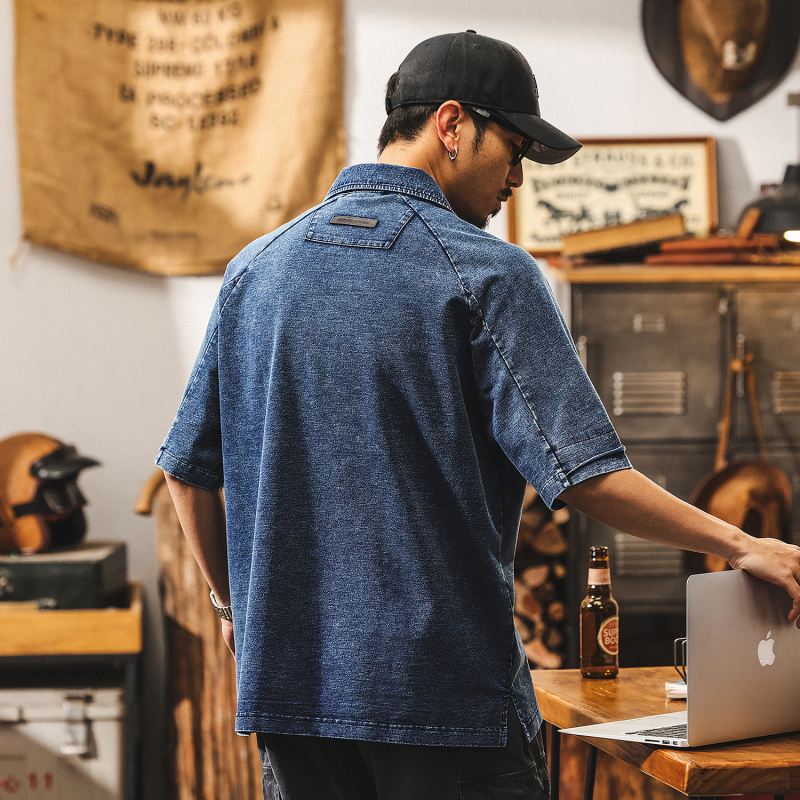 Tricou polo din denim pentru bărbați, croială lejeră, vară, stil retro american