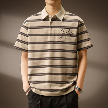 Tricou polo brodat în stil retro american pentru bărbați, vară 2026, design stratificat cu dungi, respirabil