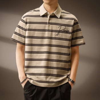 Tricou polo brodat în stil retro american pentru bărbați, vară 2026, design stratificat cu dungi, respirabil