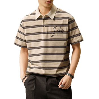 Tricou polo brodat în stil retro american pentru bărbați, vară 2026, design stratificat cu dungi, respirabil