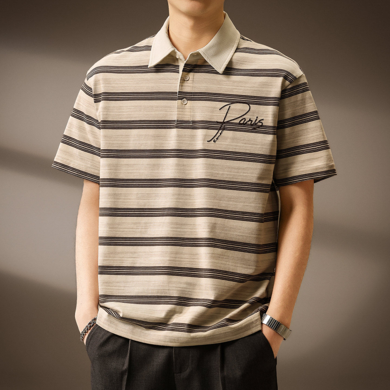 Tricou polo brodat în stil retro american pentru bărbați, vară 2026, design stratificat cu dungi, respirabil