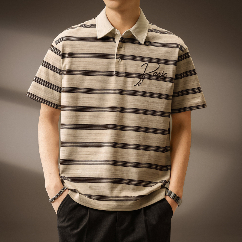Tricou polo brodat în stil retro american pentru bărbați, vară 2026, design stratificat cu dungi, respirabil