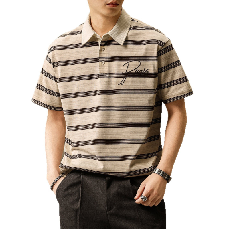 Tricou polo brodat în stil retro american pentru bărbați, vară 2026, design stratificat cu dungi, respirabil