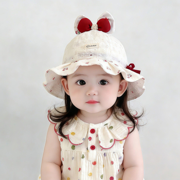 Детска лятна шапка с широки полета, флорален принт и сладка панделка, корейски стил, защита от слънцето, дишаща памучна материя