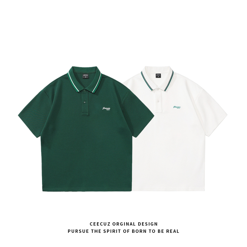 Ceecuz polo din bumbac perlat, bărbați, stil japonez retro vară, mânecă scurtă