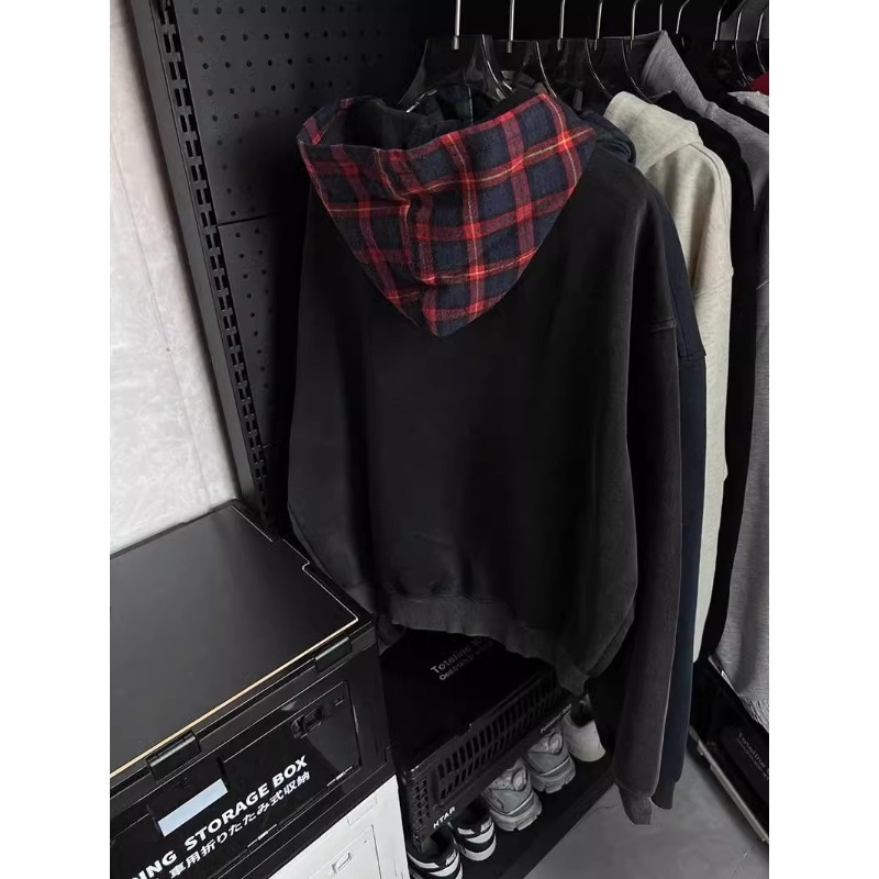 Kockás patchwork kapucnis pulóver, unisex, retro amerikai streetwear, Cleanfit dzseki