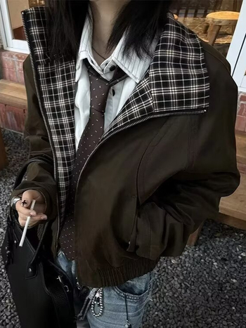 Férfi rövid sötétbarna kabát patchwork kockás mintával, téli Harrington-stílusú, magas minőség