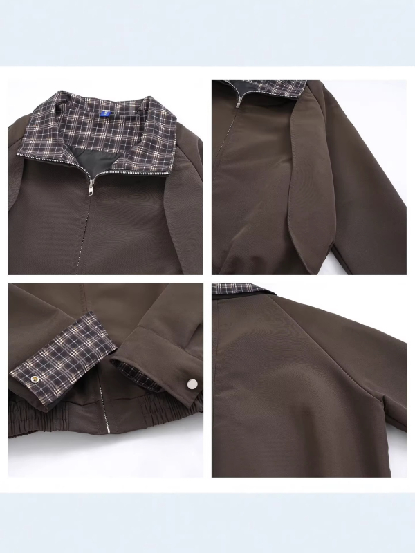 Férfi rövid sötétbarna kabát patchwork kockás mintával, téli Harrington-stílusú, magas minőség