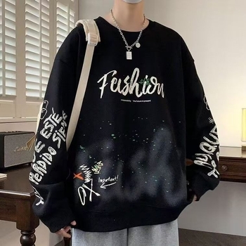 Férfi fleece pulóver Hongkong-stílusban, laza oversize szabás, kerek nyakú, hosszú ujjú, sokoldalú dizájn