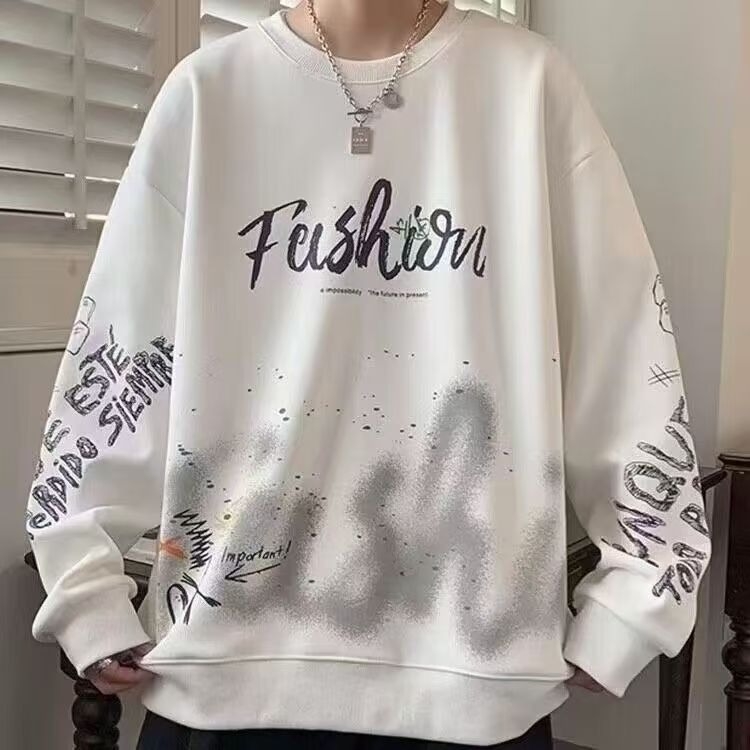 Férfi fleece pulóver Hongkong-stílusban, laza oversize szabás, kerek nyakú, hosszú ujjú, sokoldalú dizájn