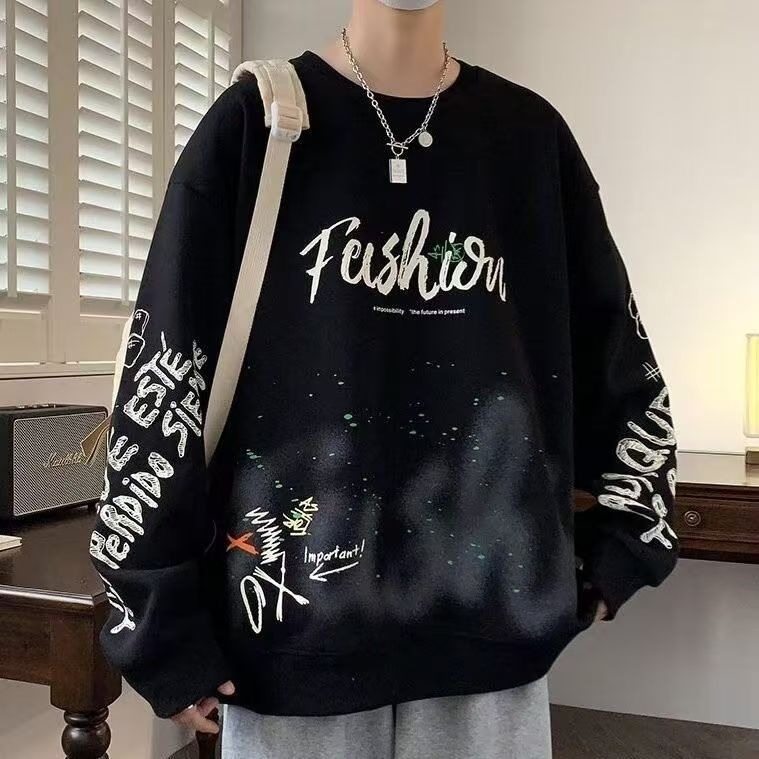 Férfi fleece pulóver Hongkong-stílusban, laza oversize szabás, kerek nyakú, hosszú ujjú, sokoldalú dizájn