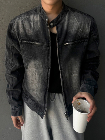 Férfi rövid denimdzseki, tavaszi laza szabás, álló gallér, koreai stílusú, kiváló minőségű denim