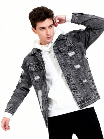 Férfi denimdzseki hópehely mosású, slim fit, több zseb, mindennapi városi stílus, minden évszak