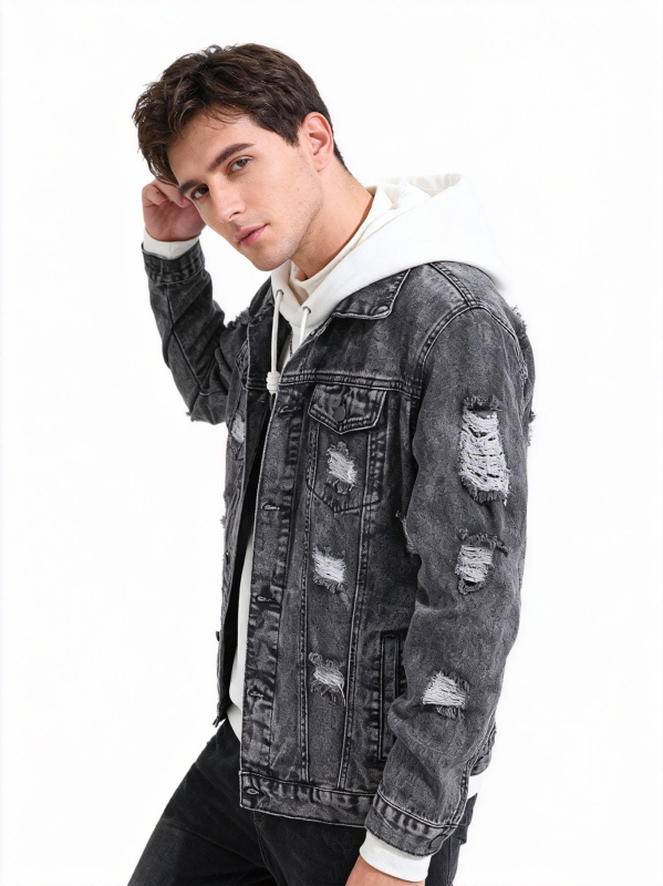 Férfi denimdzseki hópehely mosású, slim fit, több zseb, mindennapi városi stílus, minden évszak