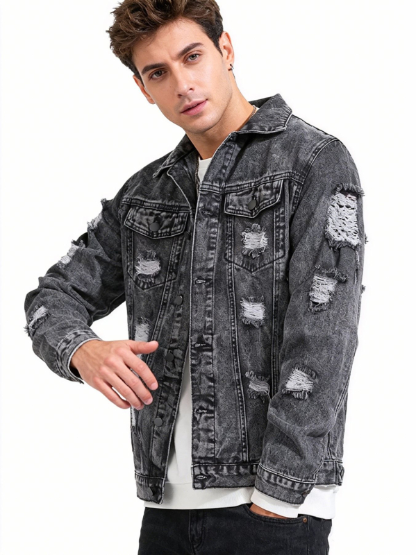 Férfi denimdzseki hópehely mosású, slim fit, több zseb, mindennapi városi stílus, minden évszak