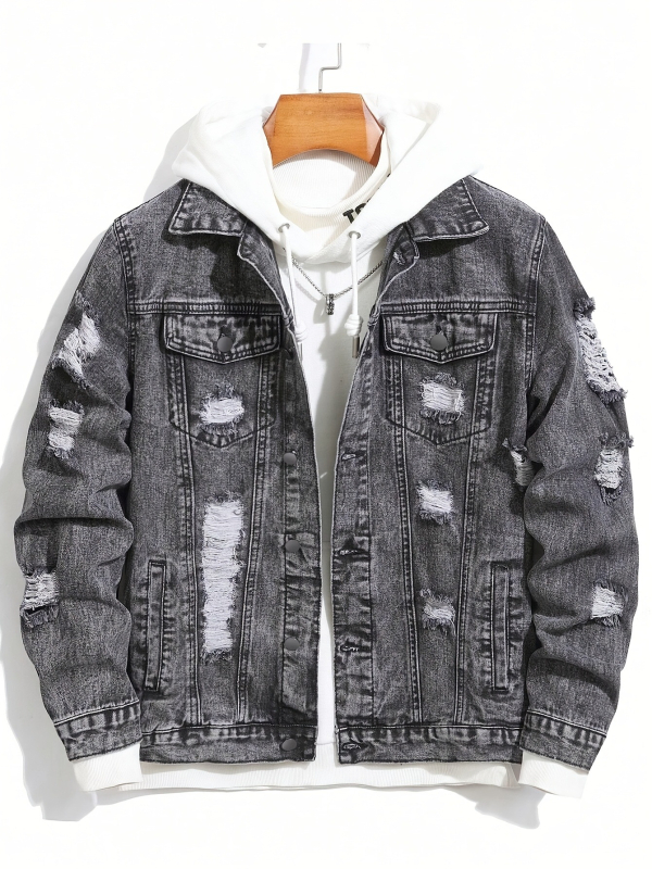 Férfi denimdzseki hópehely mosású, slim fit, több zseb, mindennapi városi stílus, minden évszak