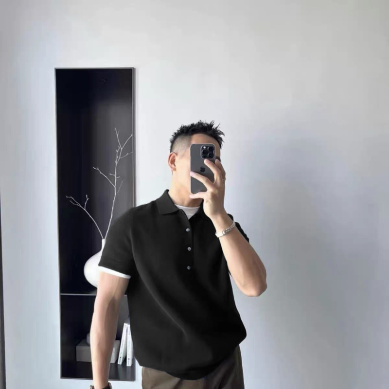 Férfi slim-fit kötött rövid ujjú polo, négy gombos, mindennapi és elegáns