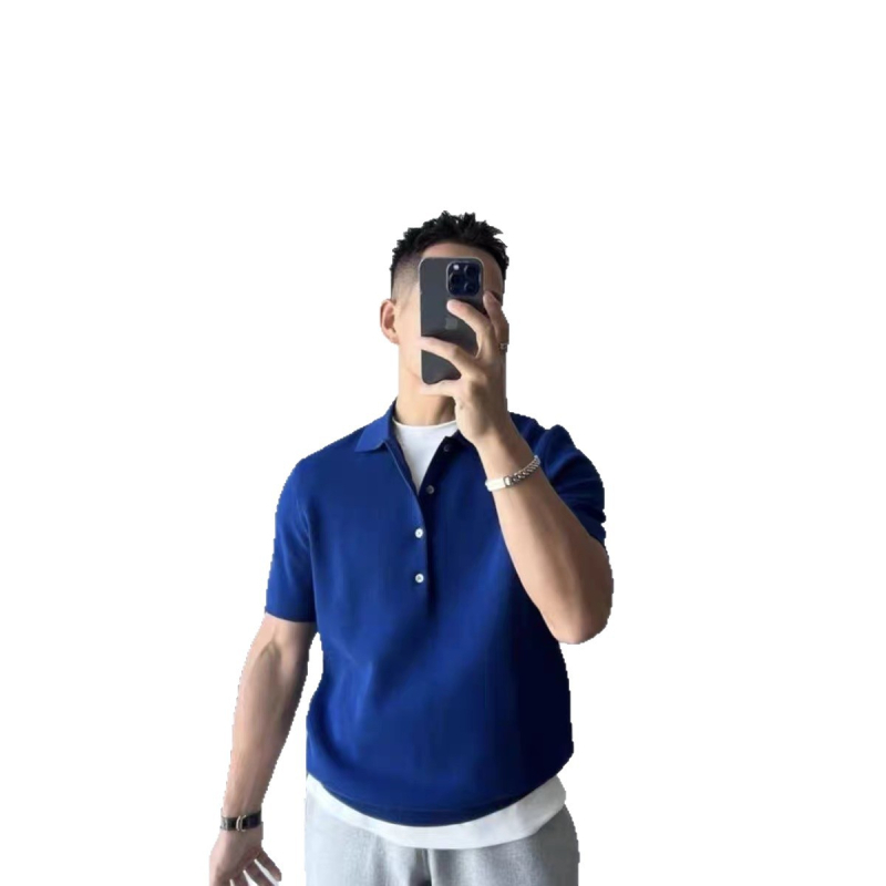 Férfi slim-fit kötött rövid ujjú polo, négy gombos, mindennapi és elegáns