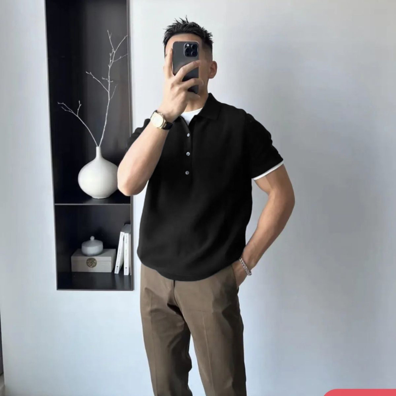 Férfi slim-fit kötött rövid ujjú polo, négy gombos, mindennapi és elegáns