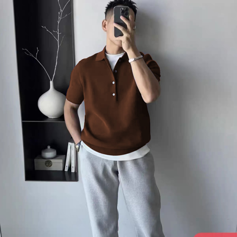 Férfi slim-fit kötött rövid ujjú polo, négy gombos, mindennapi és elegáns