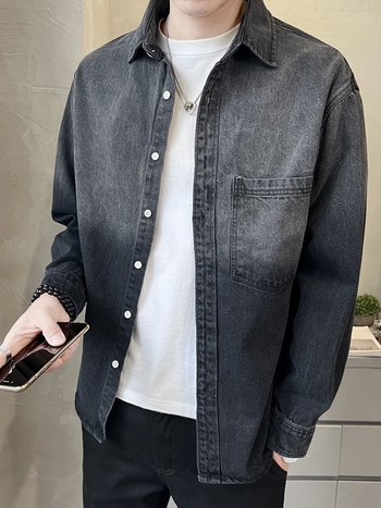 Férfi denim ing hosszú ujjú, laza szabás, tavasz–ősz, mindennapi retro amerikai stílus