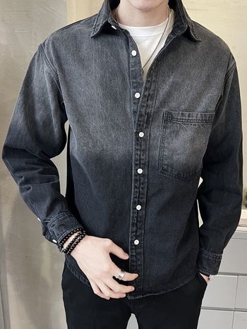 Férfi denim ing hosszú ujjú, laza szabás, tavasz–ősz, mindennapi retro amerikai stílus