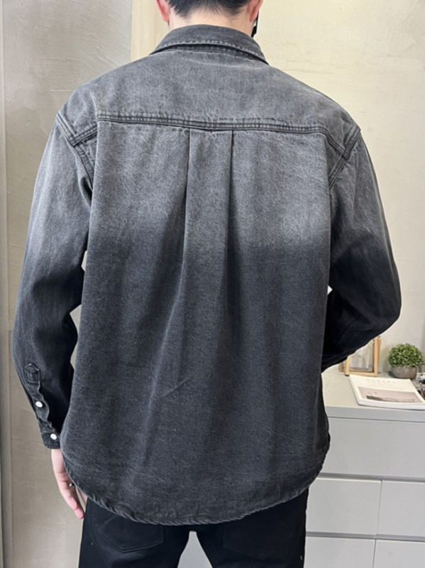 Férfi denim ing hosszú ujjú, laza szabás, tavasz–ősz, mindennapi retro amerikai stílus